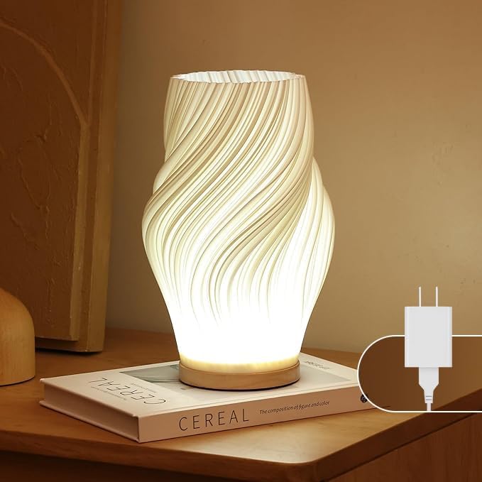 Bedside Lamp with Woodbase - Button Control Table Lamp for Bedroom 12 Way Dimmable Nightstand Lamp with PLA Lampshade for Living Room, Kids Room, College Dorm, Office (White-A, Medium)