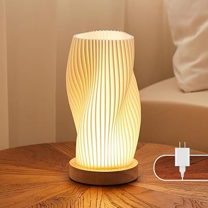 Bedside Lamp with Woodbase - Button Control Table Lamp for Bedroom 12 Way Dimmable Nightstand Lamp with PLA Lampshade for Living Room, Kids Room, College Dorm, Office (White-A, Medium)