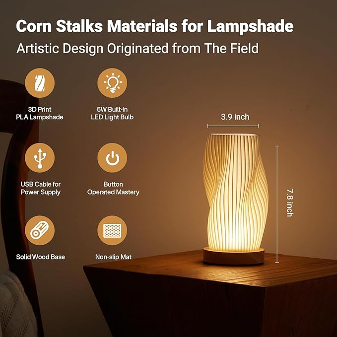 Bedside Lamp with Woodbase - Button Control Table Lamp for Bedroom 12 Way Dimmable Nightstand Lamp with PLA Lampshade for Living Room, Kids Room, College Dorm, Office (White-A, Medium)