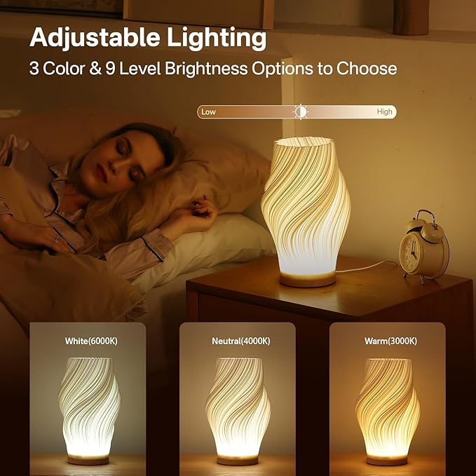 Bedside Lamp with Woodbase - Button Control Table Lamp for Bedroom 12 Way Dimmable Nightstand Lamp with PLA Lampshade for Living Room, Kids Room, College Dorm, Office (White-A, Medium)