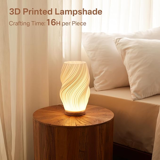 Bedside Lamp with Woodbase - Button Control Table Lamp for Bedroom 12 Way Dimmable Nightstand Lamp with PLA Lampshade for Living Room, Kids Room, College Dorm, Office (White-A, Medium)